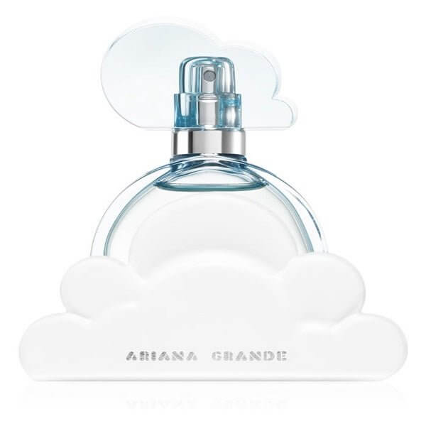 Flasche des Ariana Grande Cloud Parfüms zum Testen, elegant verpackt in einer Wolkenförmigen Hülle, ideal für Parfüm- und Duftproben.