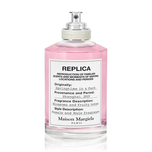 Maison Margiela Replica Springtime in a Park Eau de Toilette in pink bottle, fragrance description label, Parfümproben, Duftproben, Parfüm testen.