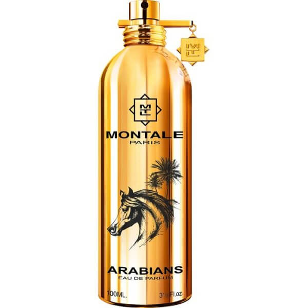 Montale Arabians Eau de Parfum spray bottle, a luxury perfume sample for testing, featuring a gold design with horse illustration.